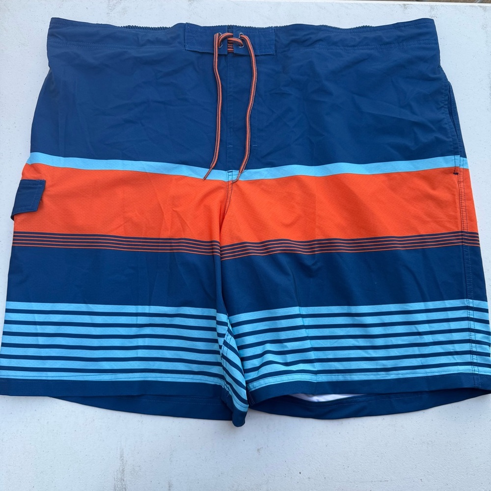 George Men's Navy and Orange Striped Swim Trunks